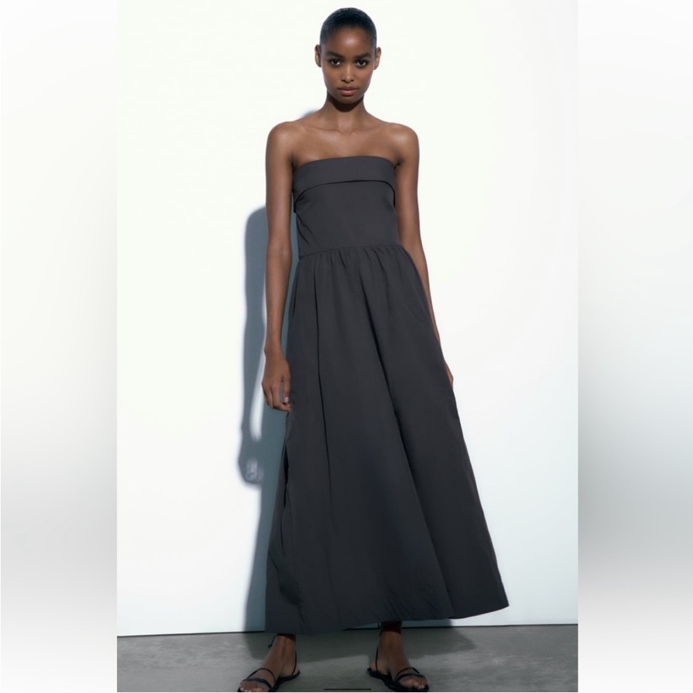 Zara STRAPLESS LONG DRESS. Charcoal gray.